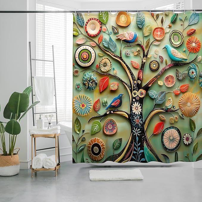 Bohemian Shower Curtain, Boho Floral Print Water Repellent Polyester Fabric for Bathroom Decor, 72×72 Inch Standard Size with 12 Hooks, Also as Room Divider