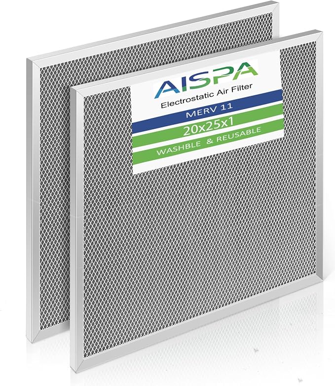 20x25x1 Air Filter, MERV 11, 2 Pack | Washable and Reusable, Aluminum Alloy by AISPA
