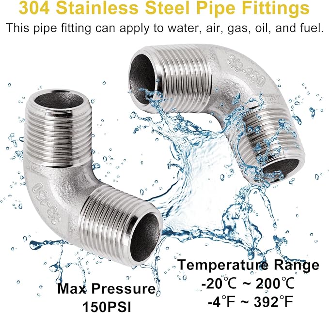3/8" x 3/8" NPT 90 Degree Elbow 304 Stainless Steel Pipe Fittings Male Threaded - Image 5