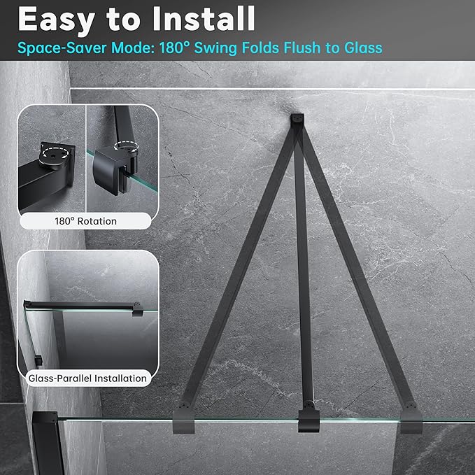 Frameless Shower Door Support Bar, Stainless Steel Wall-to-Glass Support Arm to Fixed Shower Glass Panel, for 1/4"-3/8" (6-10 mm) Door, 180° Pivot & Stow-Flat Mode (Matte Black, 27.6-inch(700mm))