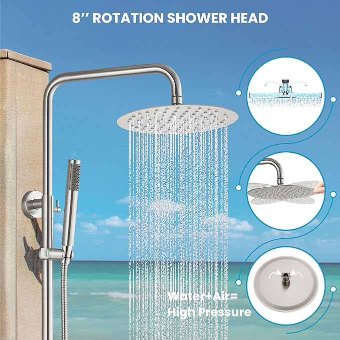 gotonovo Outdoor Shower Fixtures SUS304 Stainless Steel Rain Shower Kit Faucet High Pressure Wall Mount 2 Dual Function 8 Inch Showerhead and Handheld Spray Combo, Double Lever Handle, Brushed Nickel