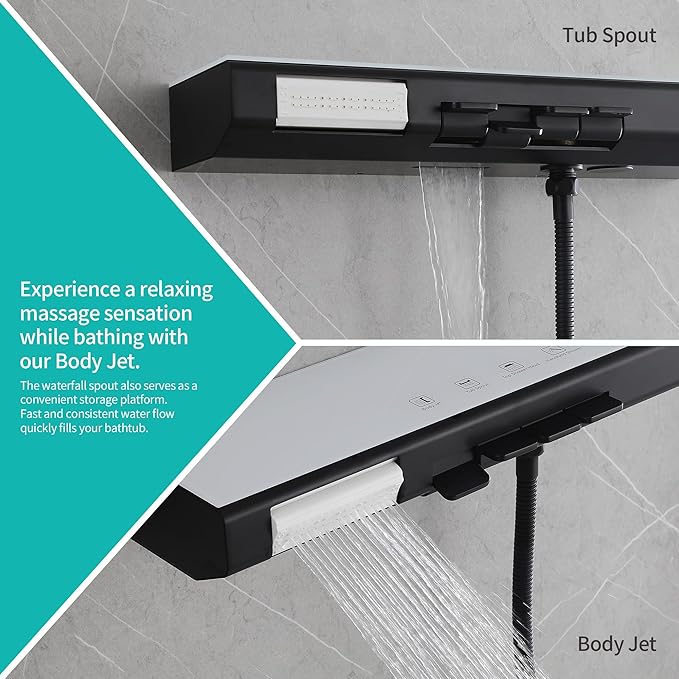 Matte Black Rain Shower System Combo: 10" Wall-Mounted Shower Fixtures with 2-in-1 Handheld Spray, Shower Valve with Body Jets, and Waterfall Spout Shower Faucet Set