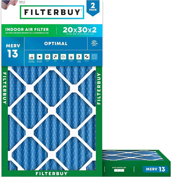 Filterbuy 20x30x2 Air Filter MERV 13 Optimal Smoke & Allergy Defense, by Filterbuy
