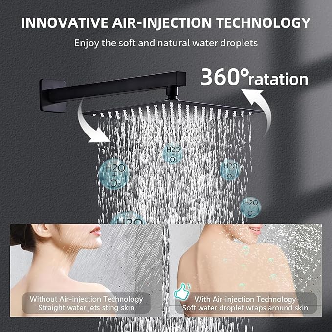 Shower Faucet Set, Black shower system with Square Rainfall Shower head, Handheld Wall Mounted Showerhead and Waterfall Tub Spout, 12 Inch, Metal Shower Faucet Trim Repair Kits
