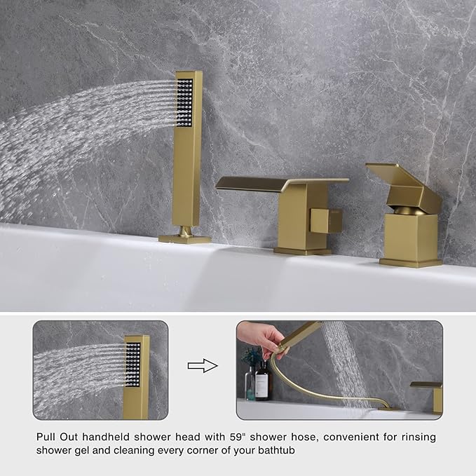 TapLong Roman Tub Faucet Waterfall Tub Filler Waterfall Deck Mount Bathtub Filler Faucet with Sprayer 3 Hole Widespread Tub Filler Deck Mount Solid Brass Brushed Gold, 02763BG