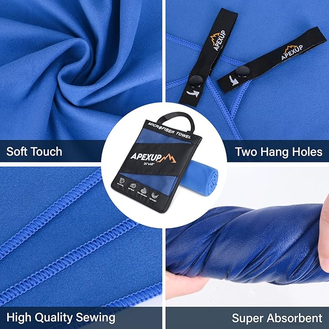 APEXUP Microfiber Travel Towel, Ultra Absorbent Quick Dry Towels, Lightweight Gym Sports Camping Towel for Workout, Yoga, Beach, Shower, Swimming (24"×12", Dark Blue)
