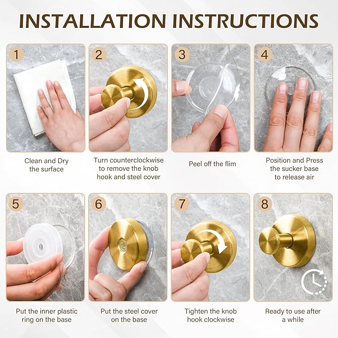 Shower Suction Cup Hooks, Heavy Duty Bathroom Wall Hooks for Towels, Robes, Loofahs, Removable Metal Hook for Tile Glass Mirror, No Drill(4 Pack, Gold)