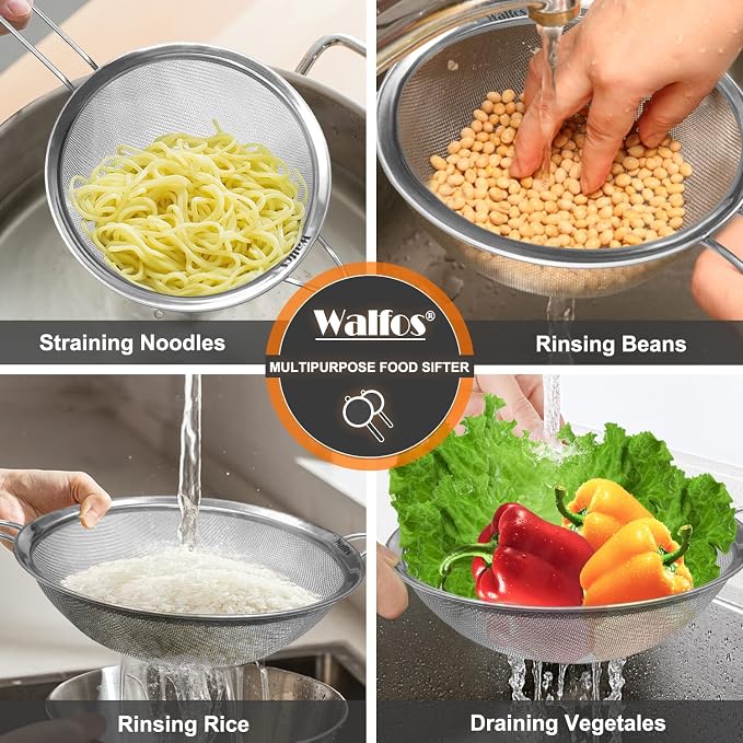 Walfos 8.6 Inch Large Fine Mesh Strainer, Kitchen Metal Food Strainers - Image 2