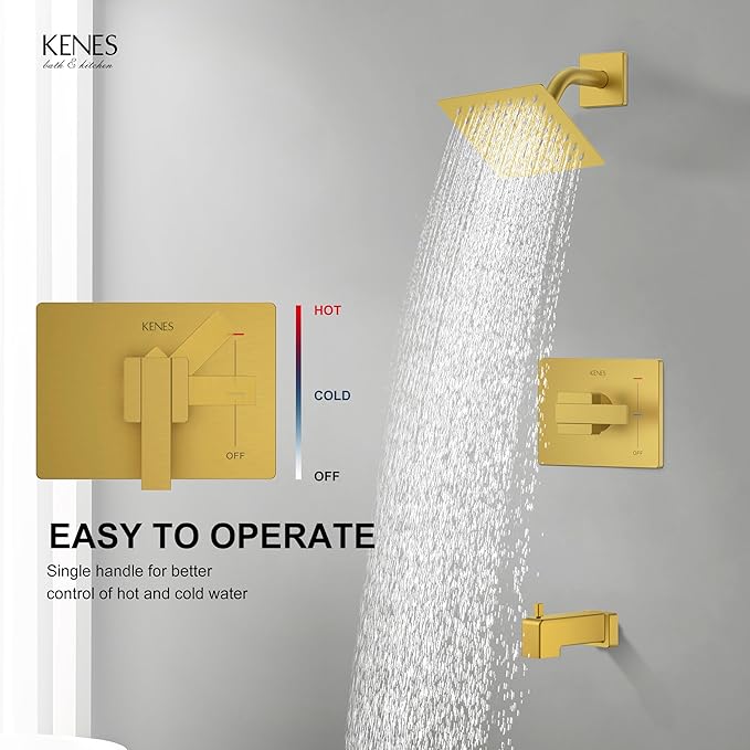 KENES Brushed Gold Tub and Shower Trim Kit, Square Tub Shower Faucet Set Complete with 6-Inch Rainfall Shower Head and Tub Spout, KE-6025A-4 (Shower Valve Included)