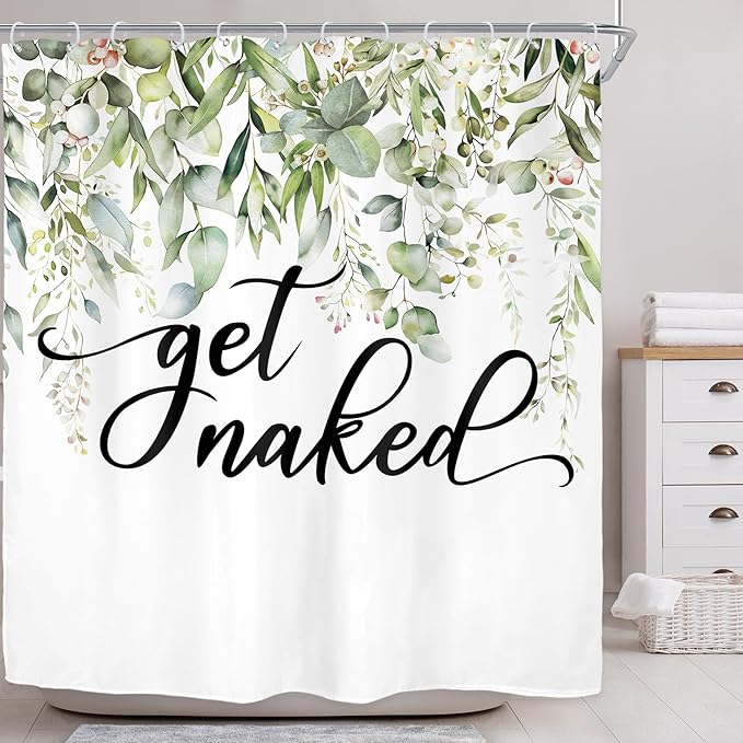 Riyidecor Sage Green Eucalyptus Leaves Shower Curtain for Bathroom Decor 72Wx72H Get Naked Bible Verse Spring Watercolor Floral Botanical Art Printed Fabric Polyester Waterproof 12 Pack Metal Hooks