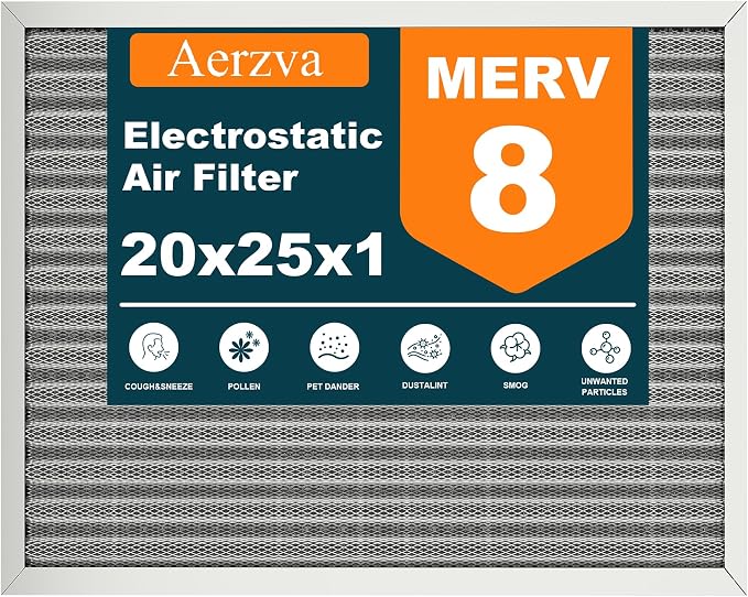 20x25x1 Reusable Air Filter, MERV 8, Permanent Electrostatic Air Filter by Aerzva