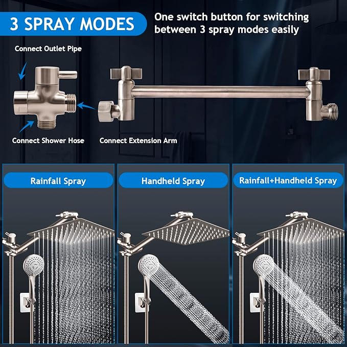 (Brushed Nickel),12'' High Pressure Rain Shower Head with 11'' Adjustable Extension Arm and 5 Settings Handheld Shower Head Combo,Powerful Shower Spray Against Low Pressure Water