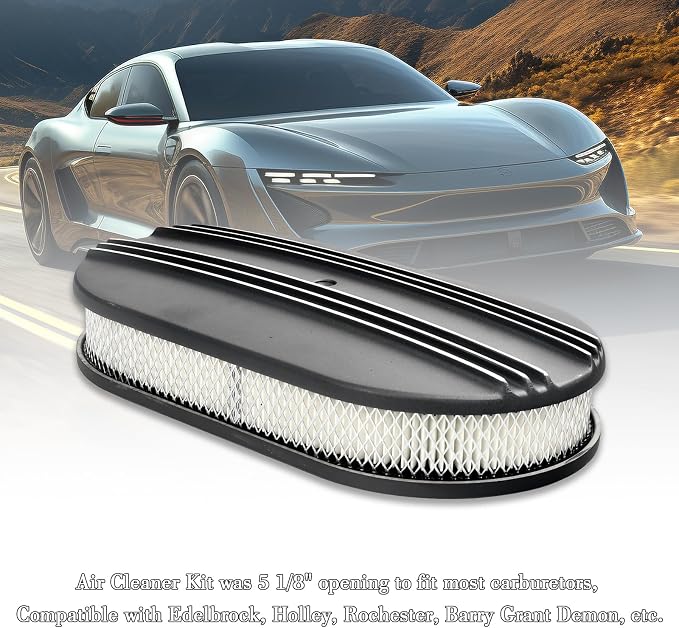 15" Black Aluminum Air Cleaner Assembly Kit Alloy Oval Partial Half Finned - Image 7
