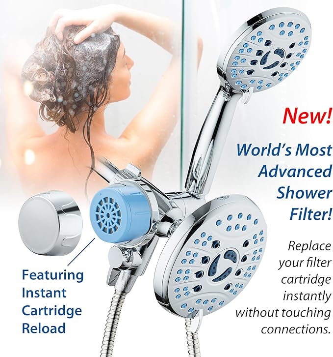 AquaCare Skin & Hair - World's Only Shower Head Combo Filter with Built-in 3-way Water Diverter, ON/OFF Filtration Modes, Instant Cartridge Reload & Stay-Clean American KDF Cartridge, Chrome Finish