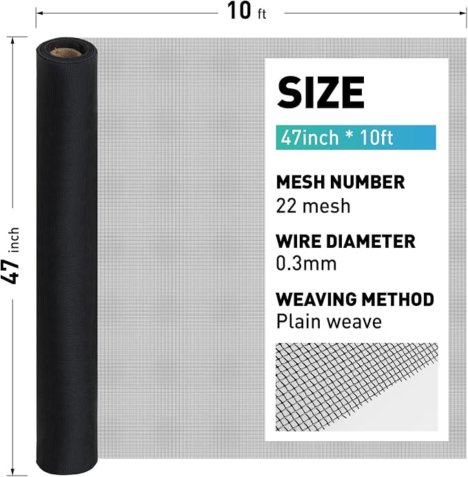 304 Stainless Steel Mesh Window Screen Roll, 47IN x 10FT Black Metal Window - Image 3