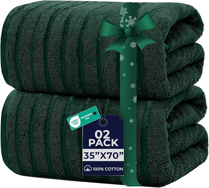 DAN RIVER Pack of 2 Bath Sheet 35x70 Inches, Ribbed Oversized Bath Towels Extra Large, Organic Cotton Towels for Bathroom - Hunter Green