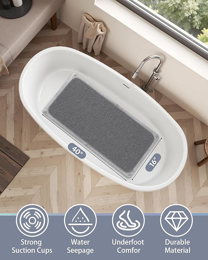 Mecko Non-Slip Shower Mat, Anti-Slip Bath Mat with Suction Cups – Quick-Drying Loofah Texture for Tub with for Indoor and Outdoor Use, Bathtubs and Wet Areas (Grey, 16"x40")