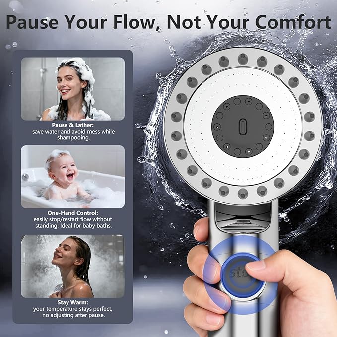Filtered Shower Head with Handheld, High Pressure Water Flow and Multiple Spray Modes Shower Head with Filter, Power Wash for Hard Water, Showerhead with ON/OFF Switch for Pets Bath (Chrome)
