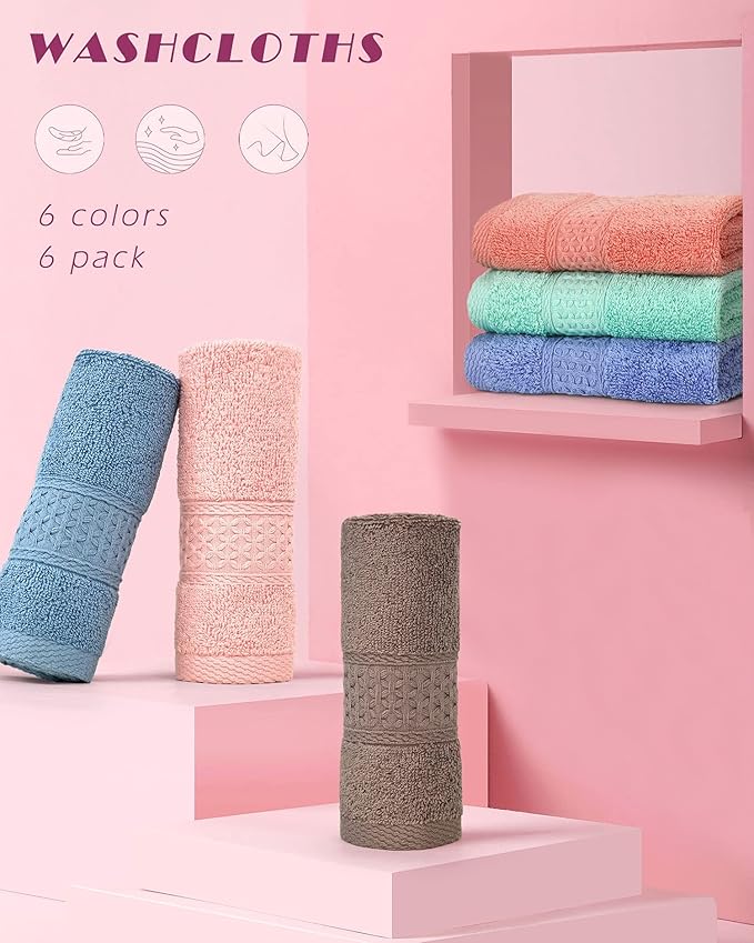 Cleanbear Face-Cloth Washcloths Set,100% Cotton, High Absorbent, 6-Pack 6 Colors, Size13 x13-deep Color