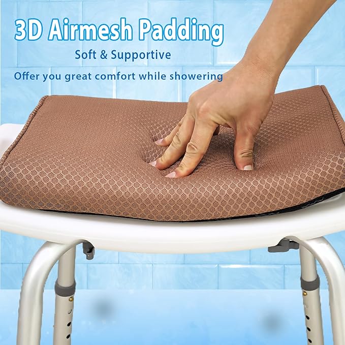 AEROiVi Shower Seat Cushion, Shower Chair Cushion for Transfer Benches in Bathtub, Cushion for Sauna, 3D Mesh Pad with Hook, Slip-Resistant, Design for Elderly, Senior, Handicap Disabled