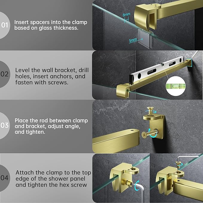 Frameless Shower Door Support Bar, Stainless Steel Wall-to-Glass Support Arm to Fixed Shower Glass Panel, for 1/4"-3/8" (6-10 mm) Door, 180° Pivot & Stow-Flat Mode (Brushed Gold, 19.7-inch(500mm))