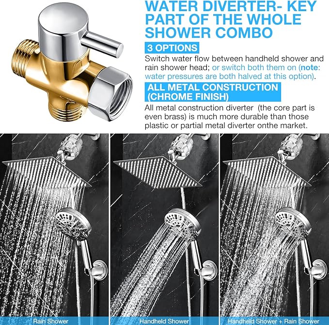 10" Dual Filtered Shower Head Showerhead Handheld Sprayer 20 Stage Water Filter Diverter 79" Hose Combo, Filtration Fixed Rain Rainfall, for Chlorine Well Water Hair Dry Skin, DSFC02 (square, 10")