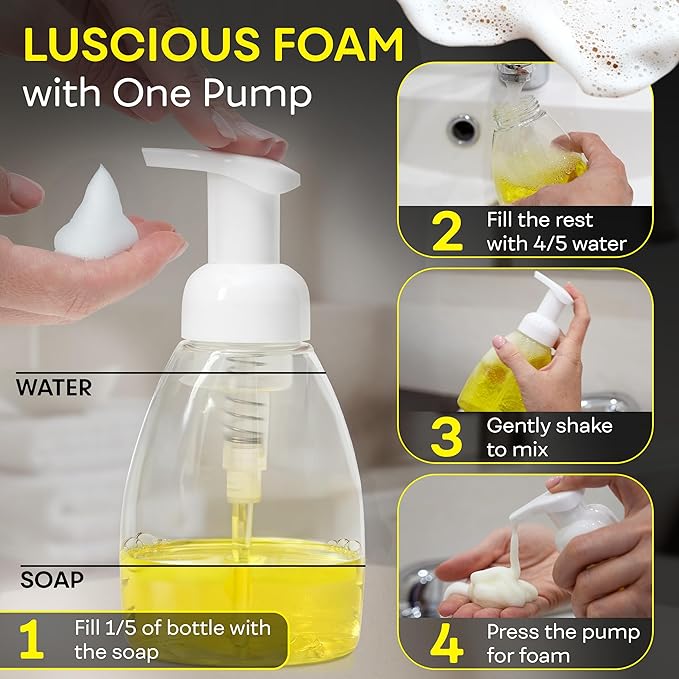 BRIGHTFROM Foaming Soap Dispenser Pump Bottles, BPA Free Empty Refillable Plastic Container for Liquid Soap - Kitchen, Bathroom, Commercial - 8oz (250ml) Pack of 3, Clear