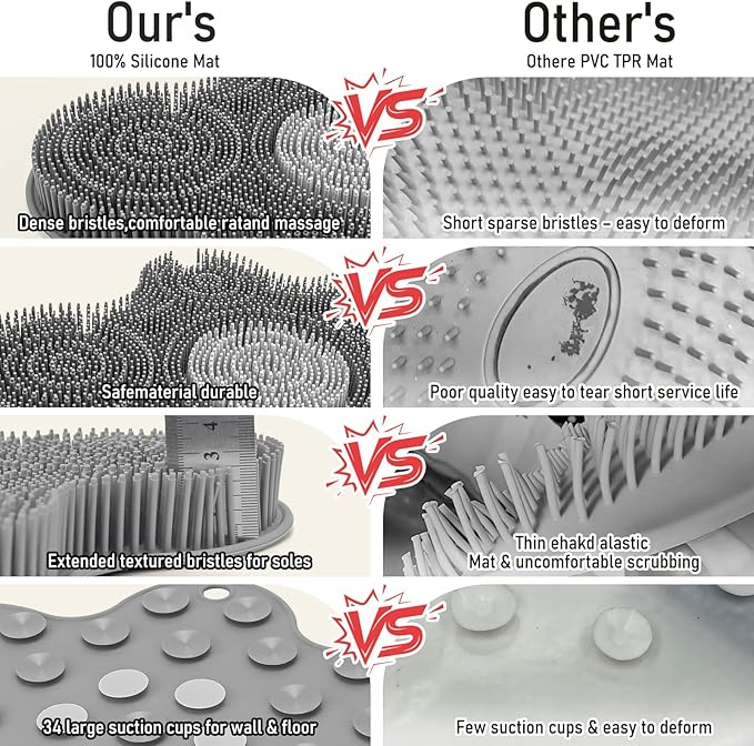 Shower Foot Scrubber Mat Silicone Back Exfoliating Cleaner, Feet Message Bath Washer Pad with Suction Cups for Wall Non-Slip - Itchy Toes Dead Skin Beauty Deep Clean Soft Bristles 14.2 * 11.2in Grey