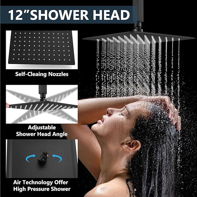Aolemi Shower Faucet Set Ceiling Mount Shower System Rough-in Valve and Shower Trim Kit 12 and 6 Inch Dual Shower Head 2 in 1 Handheld Spray Push Button Diverter Matte Black