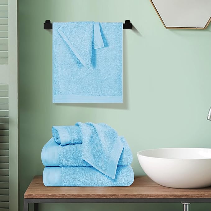Ultra Soft 6 Pack Cotton Towel Set, Contains 2 Bath Towels 28x55 inch, 2 Hand Towels 16x24 inch & 2 Wash Coths 12x12 inch, Ideal Everyday use, Compact & Lightweight - Sky Blue