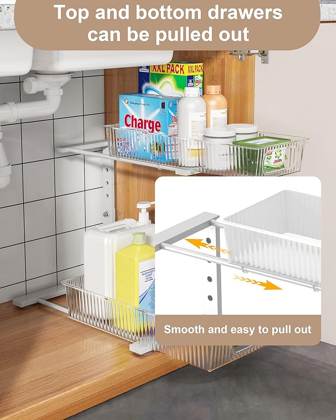 UMDONX Under Sink Organizer 2-Pack Adjustable Bathroom Under Sink Pull-Out Organizer with 5 Adjustable Heights for Kitchen, Bathroom & Laundry Storage