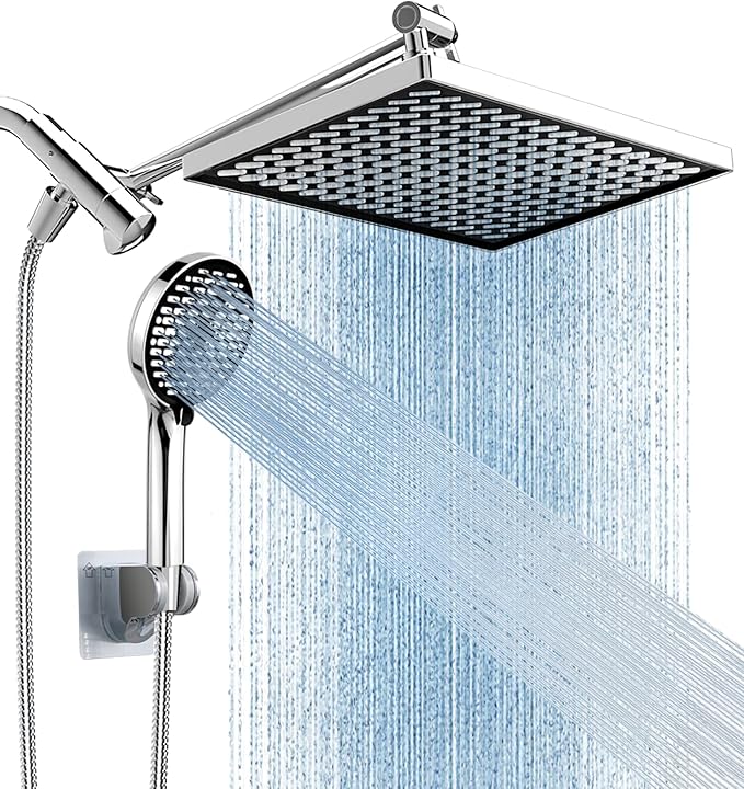 Cobbe 11.8 Inch Rain Shower Head with 6 Modes Handheld Water Spray，High Pressure Showerhead Combo with 11 Inch Adjustable Extension Arm, Chrome