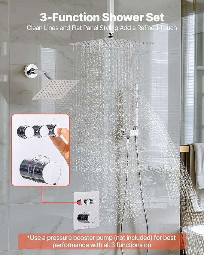 VEVOR Shower Faucet Set, 12 Inch Thermostatic Ceiling Mount Rainfall Shower System with 6 Inch Wall Mount Head and 2 in 1 Handheld Spray, 3-Function Dual Rain Head Brass Valve and Trim Kit, Chrome