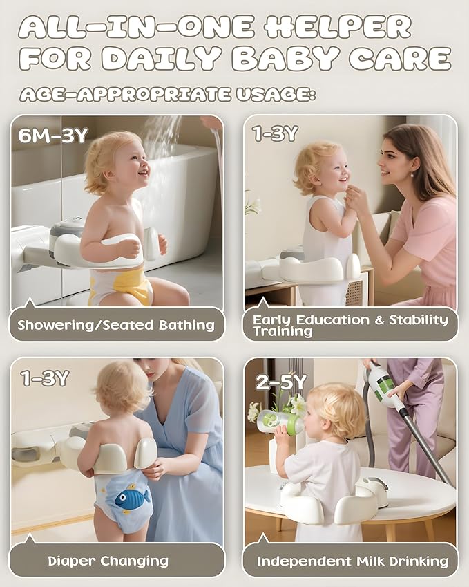Adjustable Baby Bath Stand with Strong Suction Cups – Foldable Shower Support Seat for Babies 6 Months & Up, No-Drill ABS Plastic with Drain Holes, Safe & Stable Toddler Bath Helper (Bear)