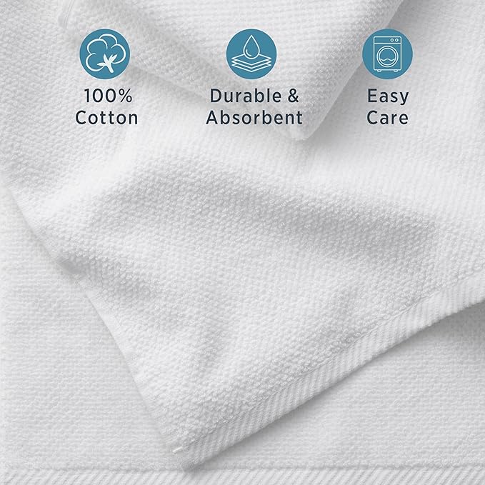 Welhome Franklin 100% Cotton Popcorn Textured Towel Set - 4 Pack Bath Towels, 600 GSM, Soft & Plush, White