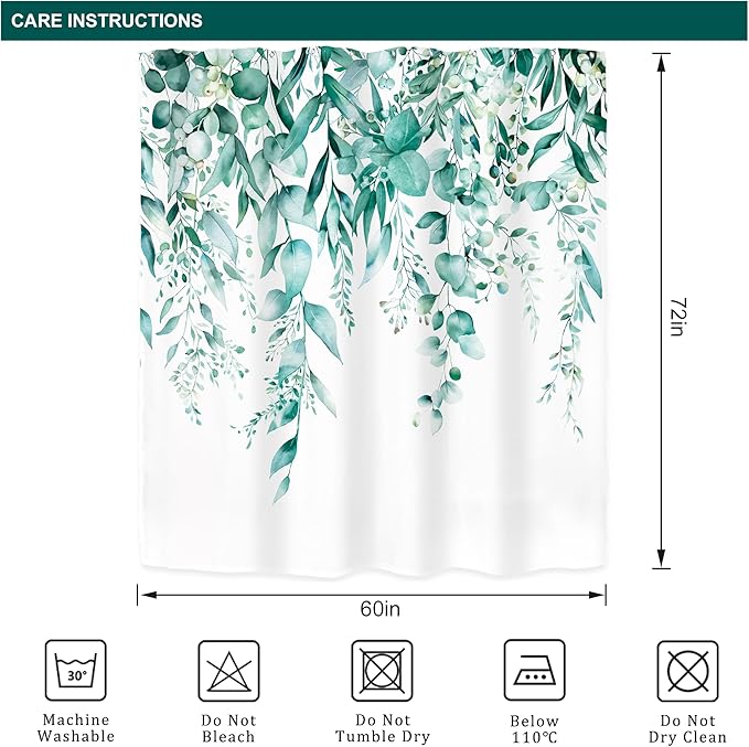 Riyidecor Teal Eucalyptus Leaves Shower Curtain for Bathroom Decor 60Wx72H Botanical Plants Spring Flower Herbs Botany Floral Art Printed Fabric Polyester Waterproof 12 Pack Plastic