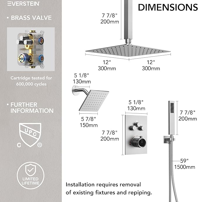 Ceiling Mount 12" High-Pressure Rainfall Shower Faucet, Dual Rainfall Shower Head System with Valve (Brushed Nickel)