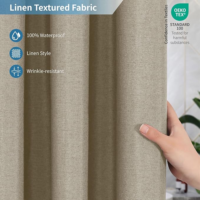 2-in-1 Waterproof Fabric Shower Curtain or Liner,Linen Textured,Breathable TPU & Washable Bathroom Shower Curtain Set with 12 Plastic Hooks,Modern,72"x72" Khaki