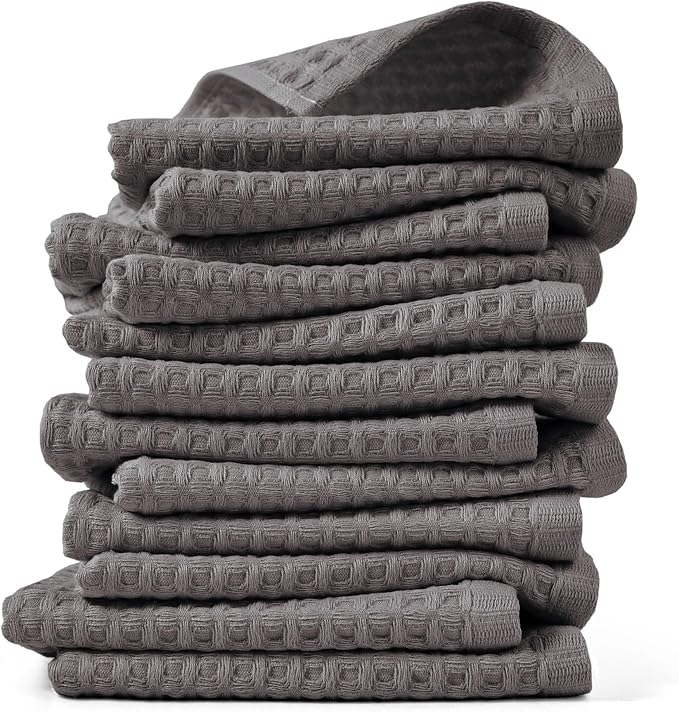 Cleanbear Classic Waffle Washcloths, 100% Cotton Face Towels, Absorbent and Quick-Drying, Soft Washcloths 12 Pack for Face and Body, 13 x 13 Inches (Gray)