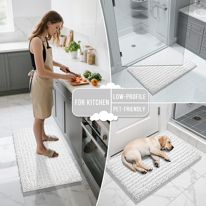 Yimobra Bathroom Rugs Sets 2 Piece - Quick Dry Extra Thick Luxury Chenille Bath Mat, Non Slip Super Absorbent for Tub Shower Sink, Machine Washable Shaggy Floor Mat, 32"x20"+24"x20" Inch, White