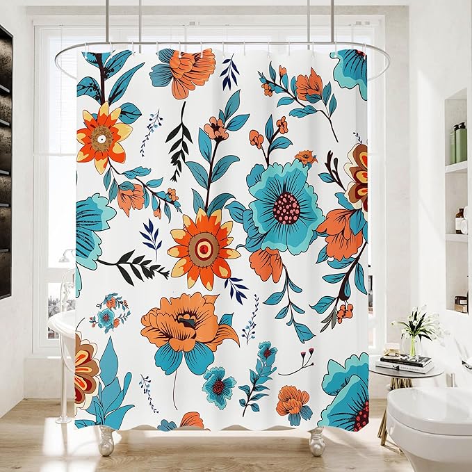 Bohemian Shower Curtain, Boho Floral Print Water Repellent Polyester Fabric for Bathroom Decor, 72×72 Inch Standard Size with 12 Hooks, Also as Room Divider
