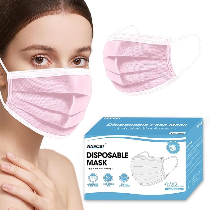 NNPCBT Pink Disposable Face Masks 125 Pack, 3-Ply Breathable Mask by NNPCBT