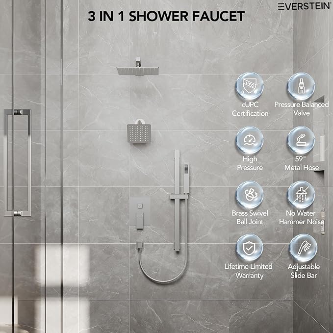 10" High-Pressure Rainfall Shower Faucet with Handheld Spray, Wall Mount Dual Shower Head System with Slide Bar (Brushed Nickel)