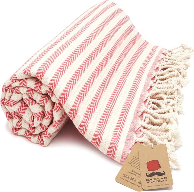 Bazaar Anatolia Turkish Beach Towel – 100% Cotton, Quick Dry, Sand Free Pastel Towel for Bathroom and Camping – Oversized 71x39 Inches – Arpa Coral