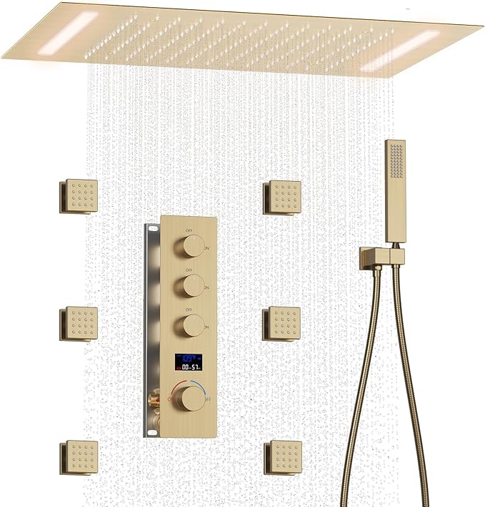 Shower System Brushed Gold Shower Faucet Set with 14X20 inch Ceiling Mount Shower Head, 6 PCS Body Jet and Handheld Spray, 3 Way Digital Temperature Display Shower