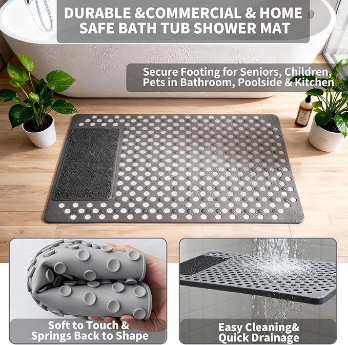 Bath Tub Shower Mat with Soft Shower Foot Scrubber Mat for Massage,Non Slip Bathtub Mat with Strong Suction Cups, Silicone Shower Foot Scrubber Mat (Gray, 27.5" X 15.7"(Rectangular))