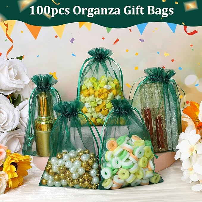 Hopttreely 100PCS Dark Green Organza Bags, 4X4.72 inch Mesh Bags Drawstring Gift Bag, Jewelry Pouches for Party, Christmas, Festival, Bathroom Soaps, Makeup Organza, Wrapping Supplie