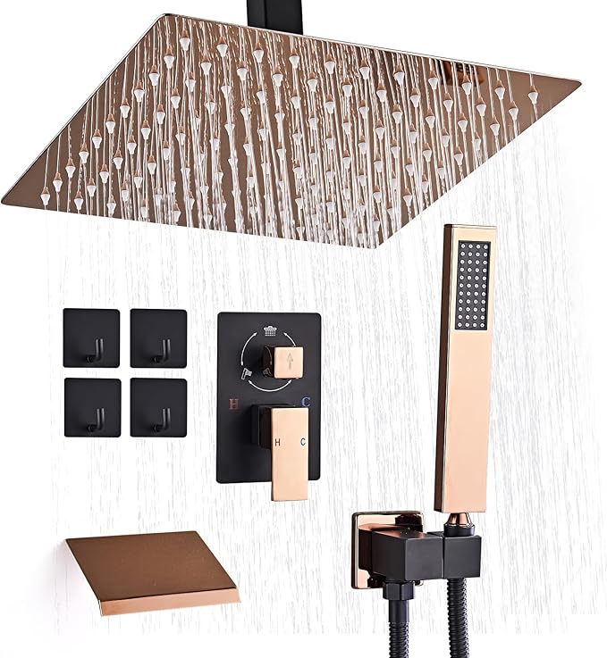 12 Inch Ceiling Mount Shower System Matte Black Gold Rain Mixer Shower Combo Set High Pressure Rainfall Shower Head System Bathroom Luxury Shower Faucet Set Rough-in Valve and Trim Included