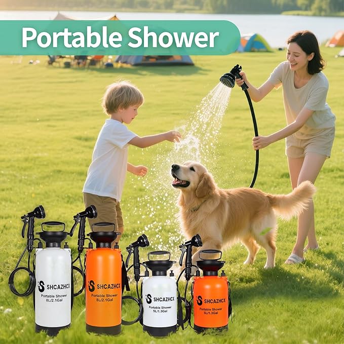 1.3 Gallon/5L Portable Outdoor Shower, 10 Spray Modes, No Power Needed, Insulated Sleeve Keeps Water Warm, Multi-Use Sprayer for Camping, Beach & Surfing, Fishing, Hiking, Road Trips, White