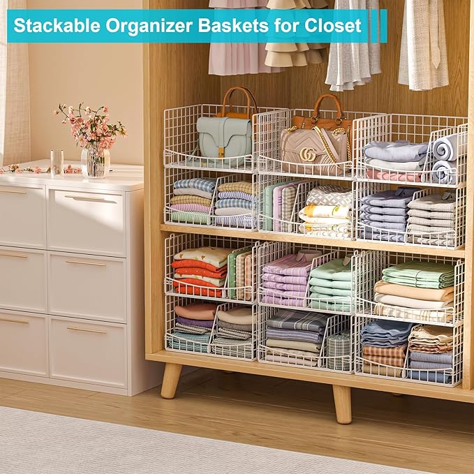 Divided 4-Tier Stackable Closet Organizers and Storage Basket, Foldable Closet Shelf Organizer Systems for Clothing Sweaters, Wardrobe Cupboard, White
